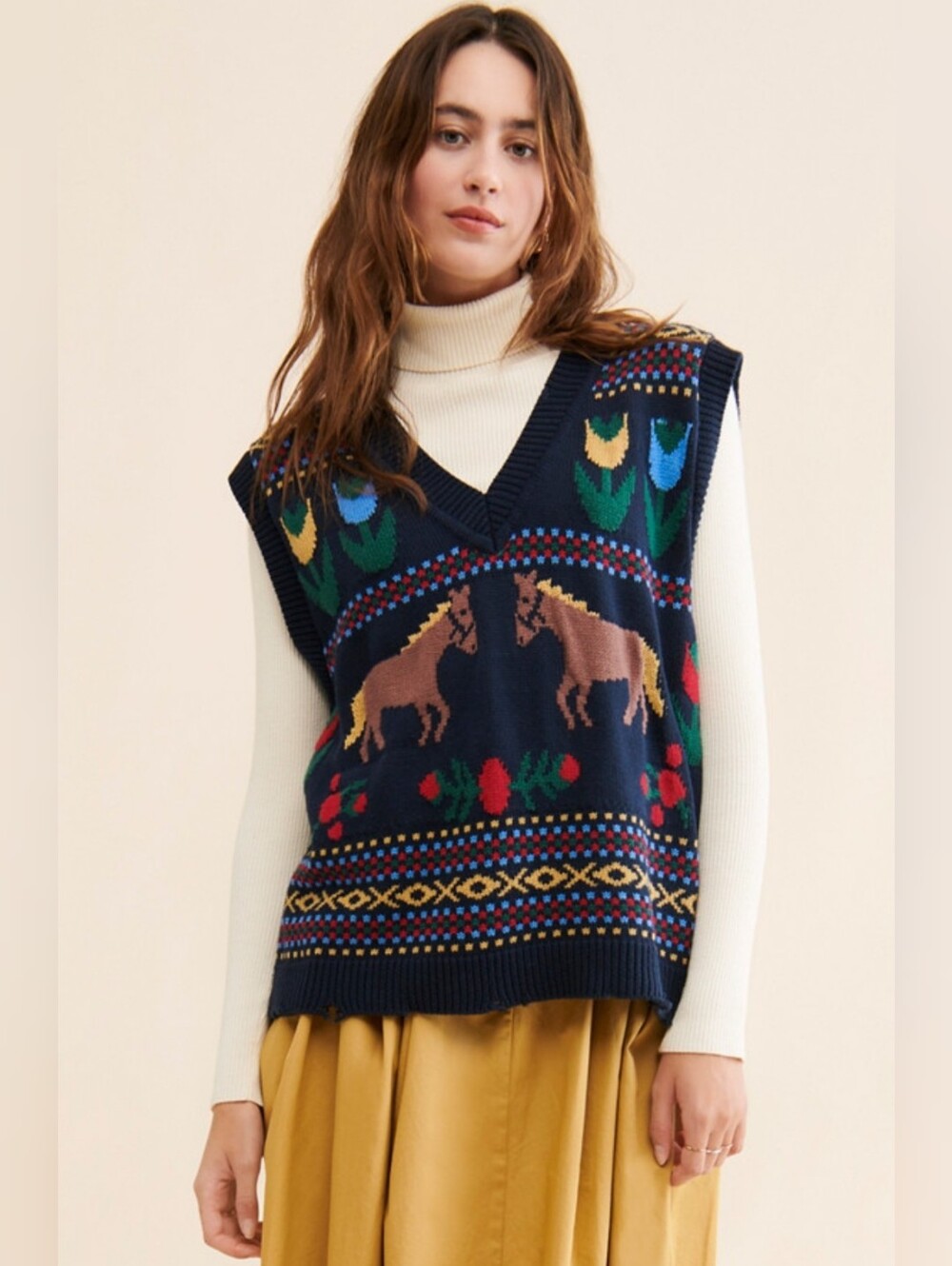 Found Horse Isles Colorful Knit Sweater Vest with Horse Design Cotton